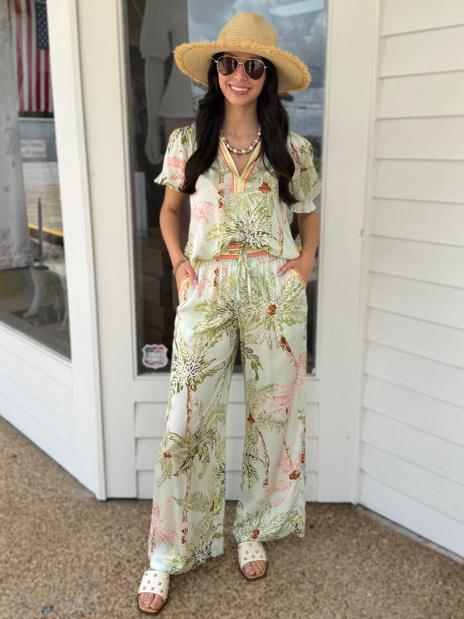 SEAFOAM TROPICAL PRINT LONG WIDE LEG ELASTIC WAISTBAND PANTS
