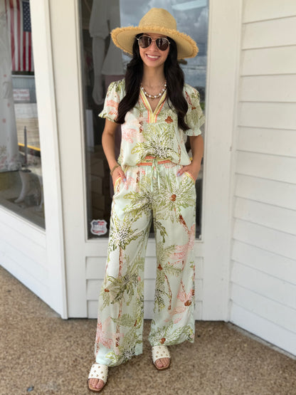 SEAFOAM TROPICAL PRINT LONG WIDE LEG ELASTIC WAISTBAND PANTS