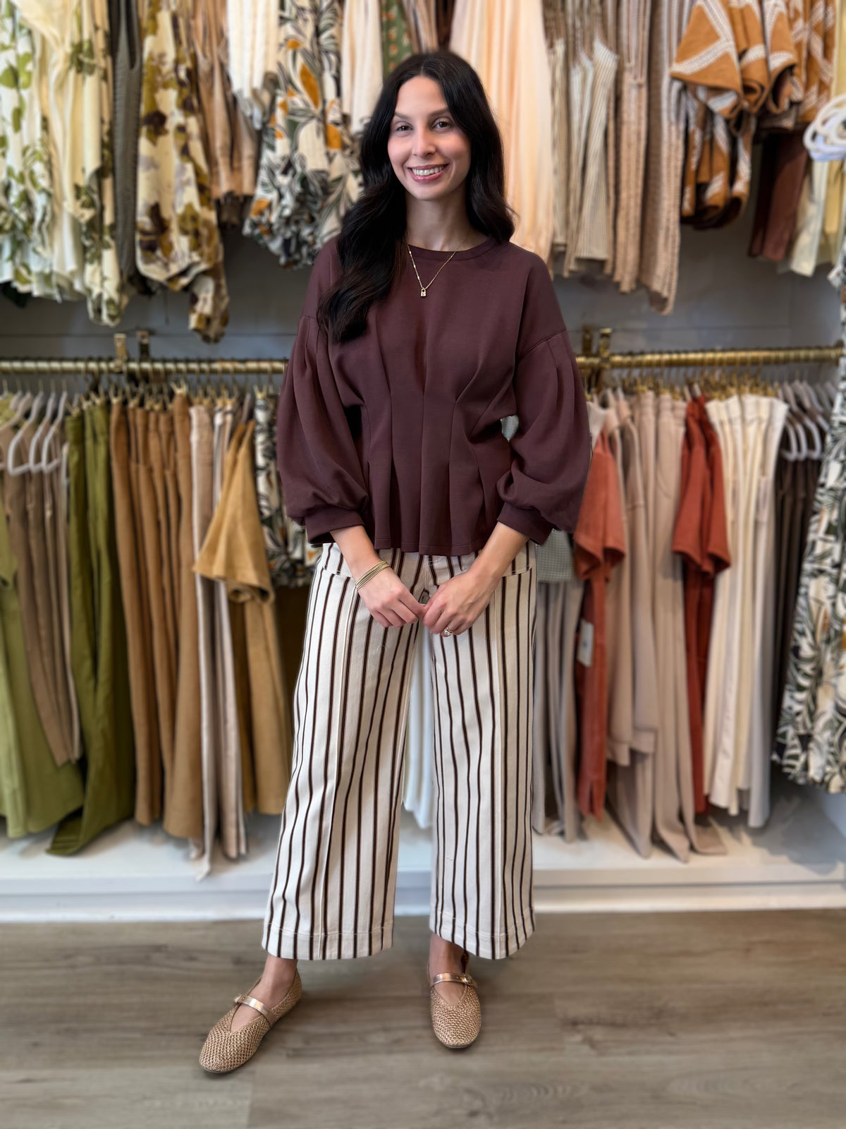 BROWN PLEATED WAIST DETAIL LONG BALLOON SLEEVE TOP