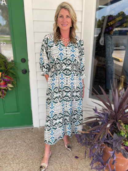 TEAL MIX PRINTED PLEATED WAIST WITH LONG BALLOON SLEEVE SHIRT DRESS