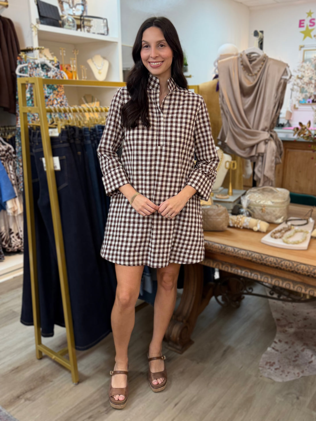 BROWN GINGHAM 3/4 SLEEVE SAVOY SHIFT MINI DRESS