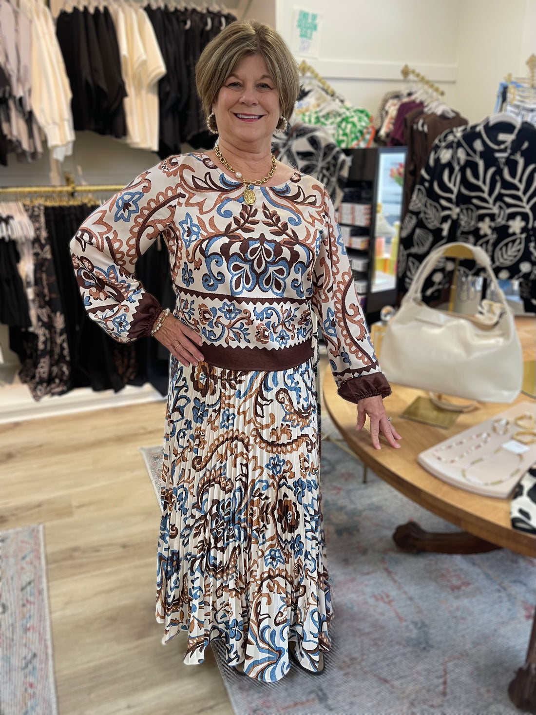 IVORY/BROWN/BLUE BORDER BOHO PRINT BLOUSE