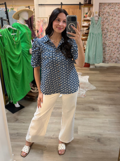 BLUE DENIM FLORAL EMBROIDERED RUFFLED GATHERED SLEEVE BUTTON UP TOP