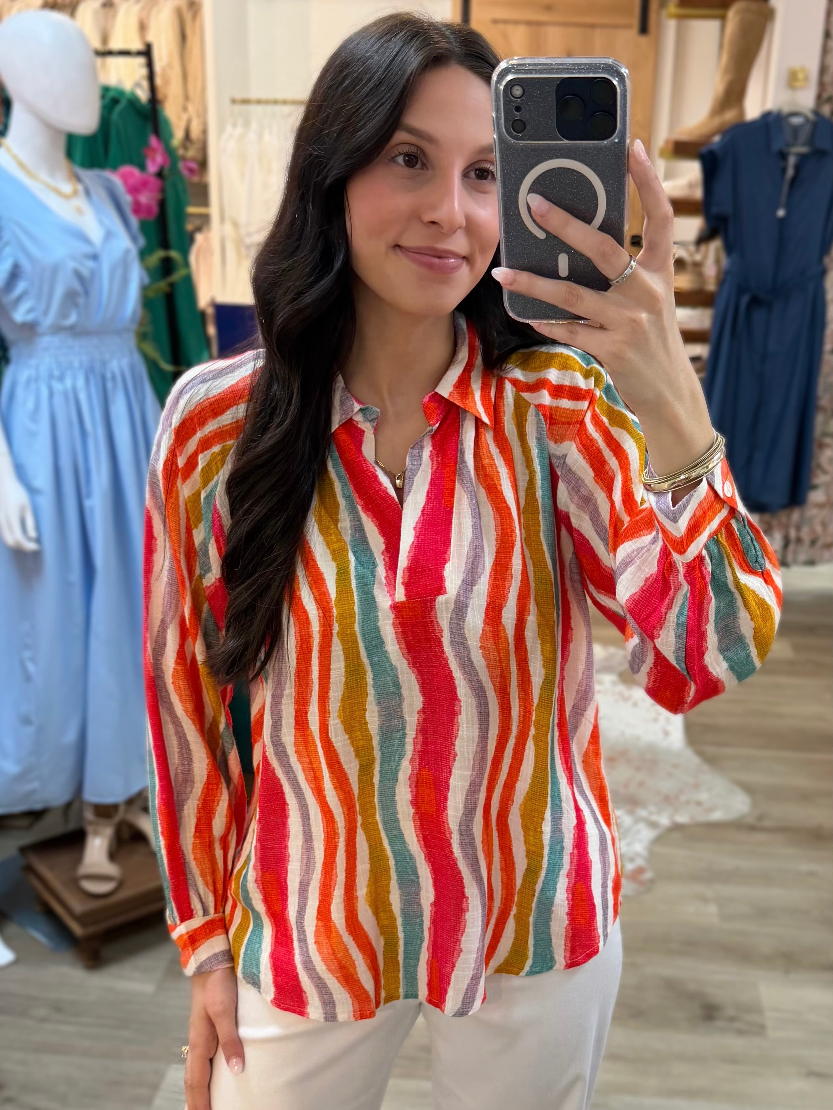 HIBISCUS MULTI PRINT HALF PLACKET LONG SLEEVE PULLOVER TOP