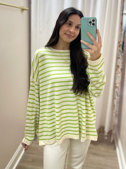 CREAM & OLIVE STRIPED KNITTED SWEATER