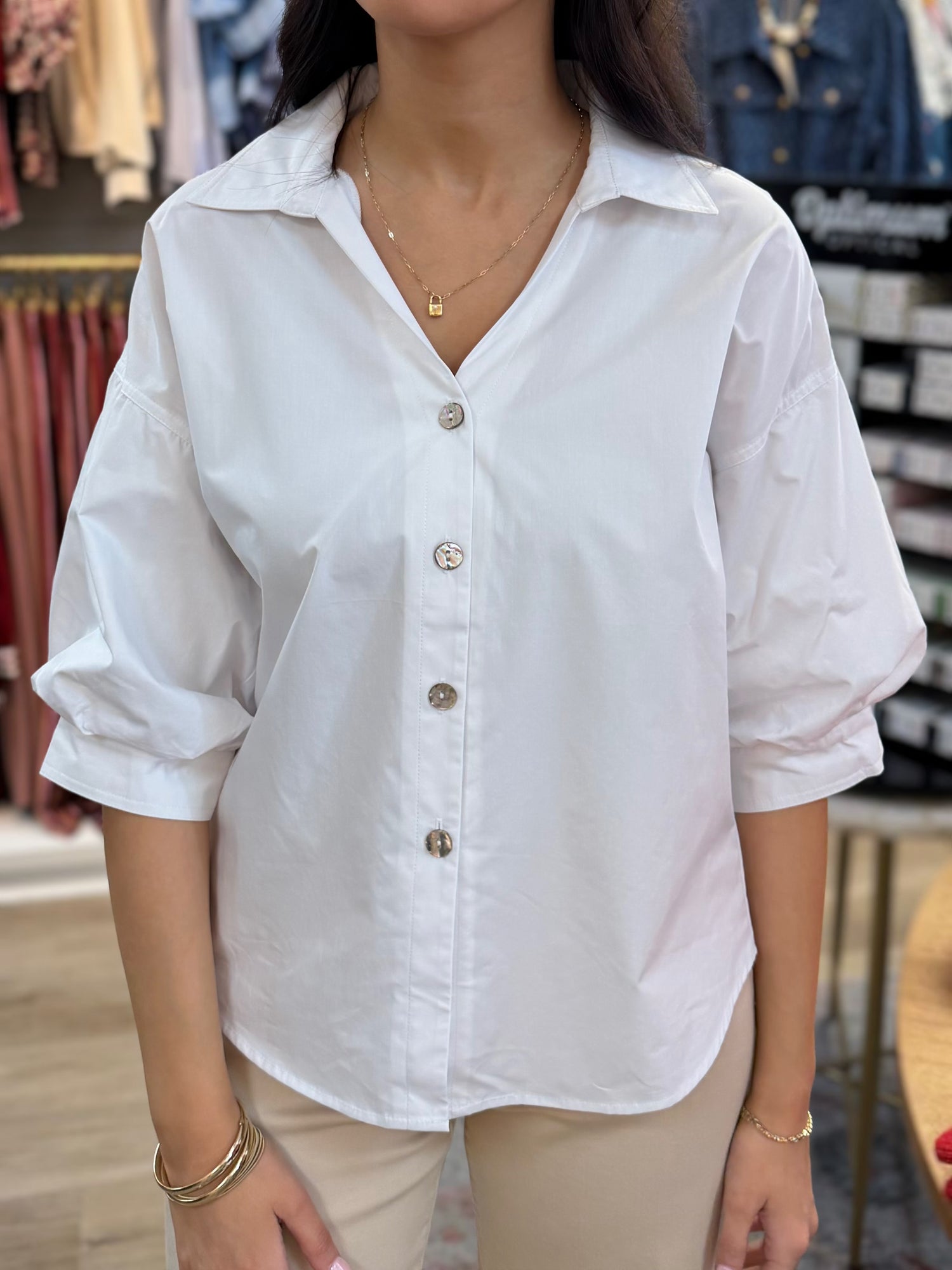 WHITE BUTTON UP BLOUSON SLEEVE TOP