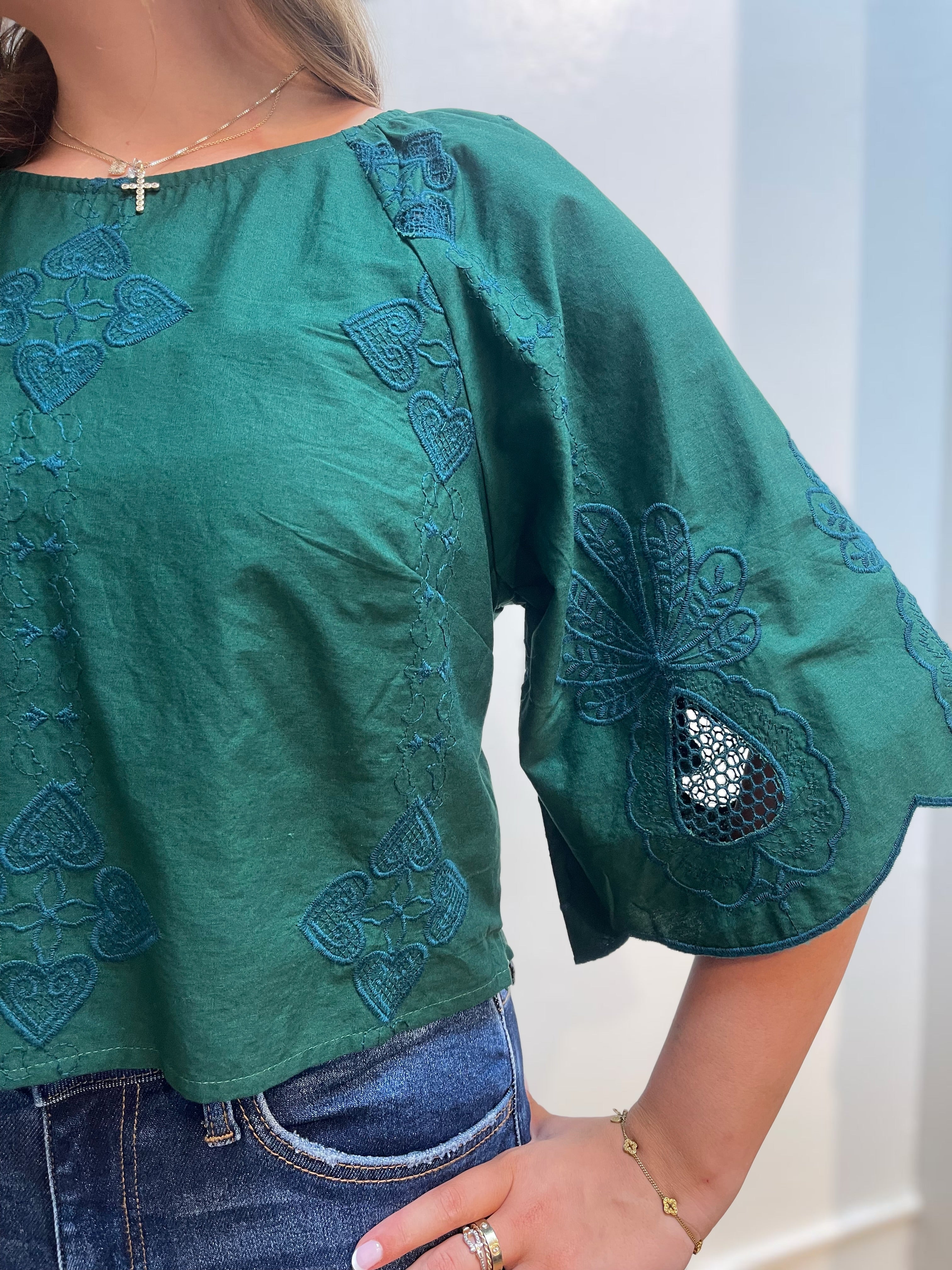 GREEN PINEAPPLE EMBRODIERY ROXANNE TOP