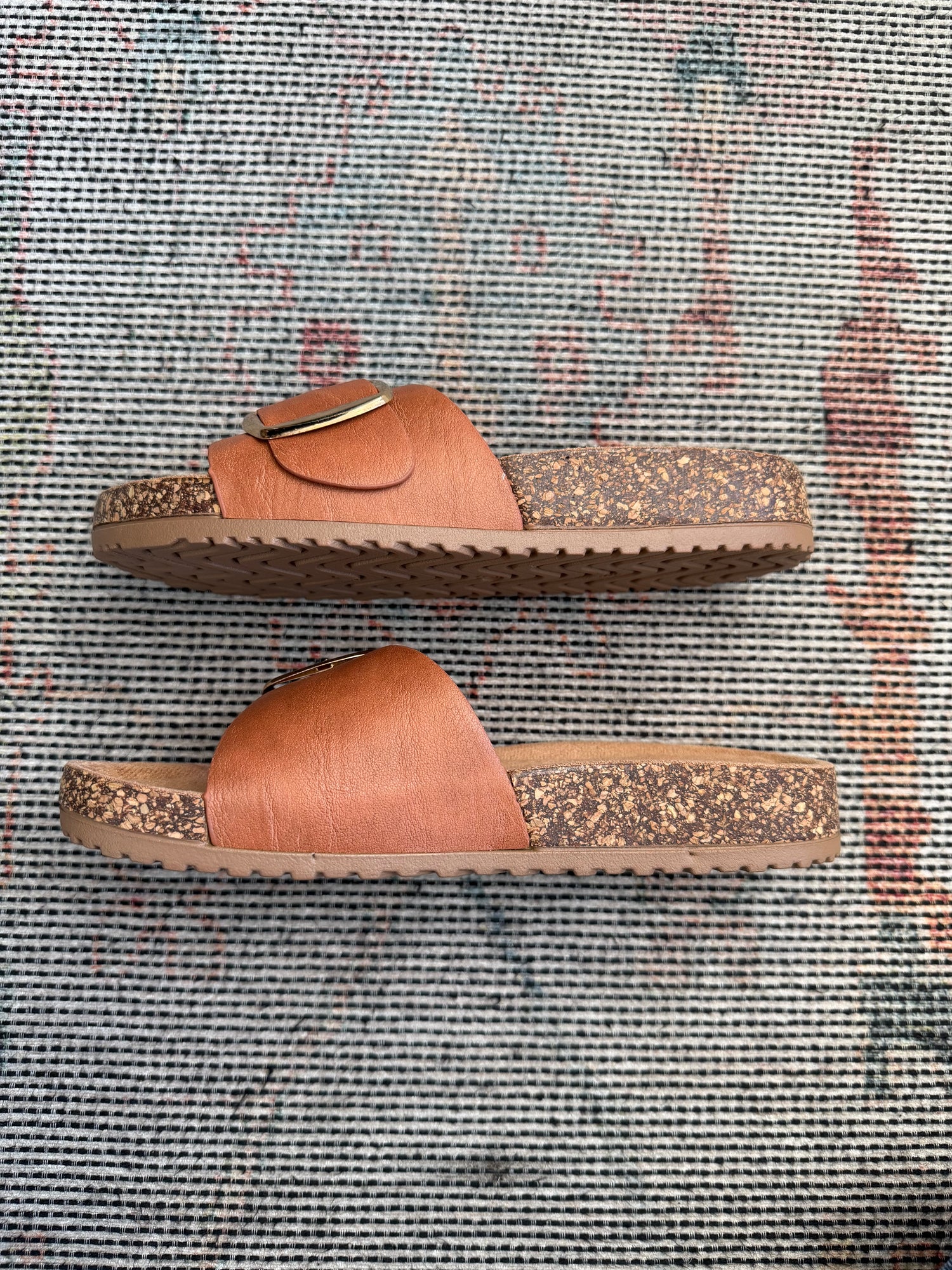 COGNAC WIDE FAUX LEATHER GOLD BUCKLE STRAP SLIP ON SANDAL