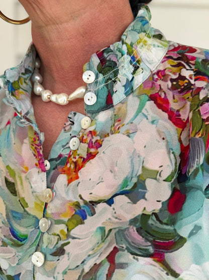 AQUA MULTI BRUSHSTROKE GARDEN PRINT LONG PUFF SLEEVE TOP