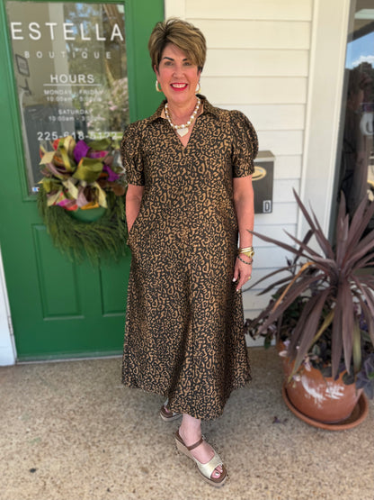 LEOPARD ANIMAL PRINT SHORT PUFF SLEEVE MIDI DRESS