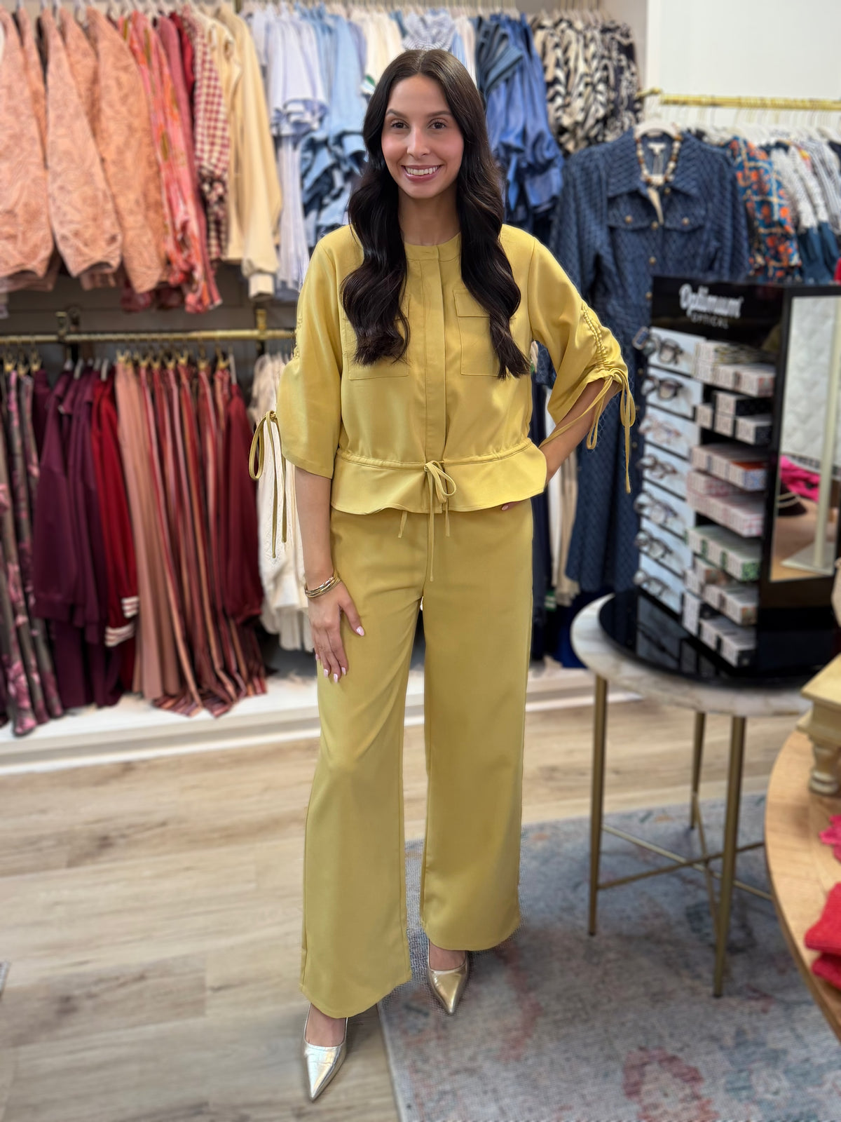 HONEY MUSTARD YELLOW 1/2 SLEEVE RUCHED SUITING TOP JACKET