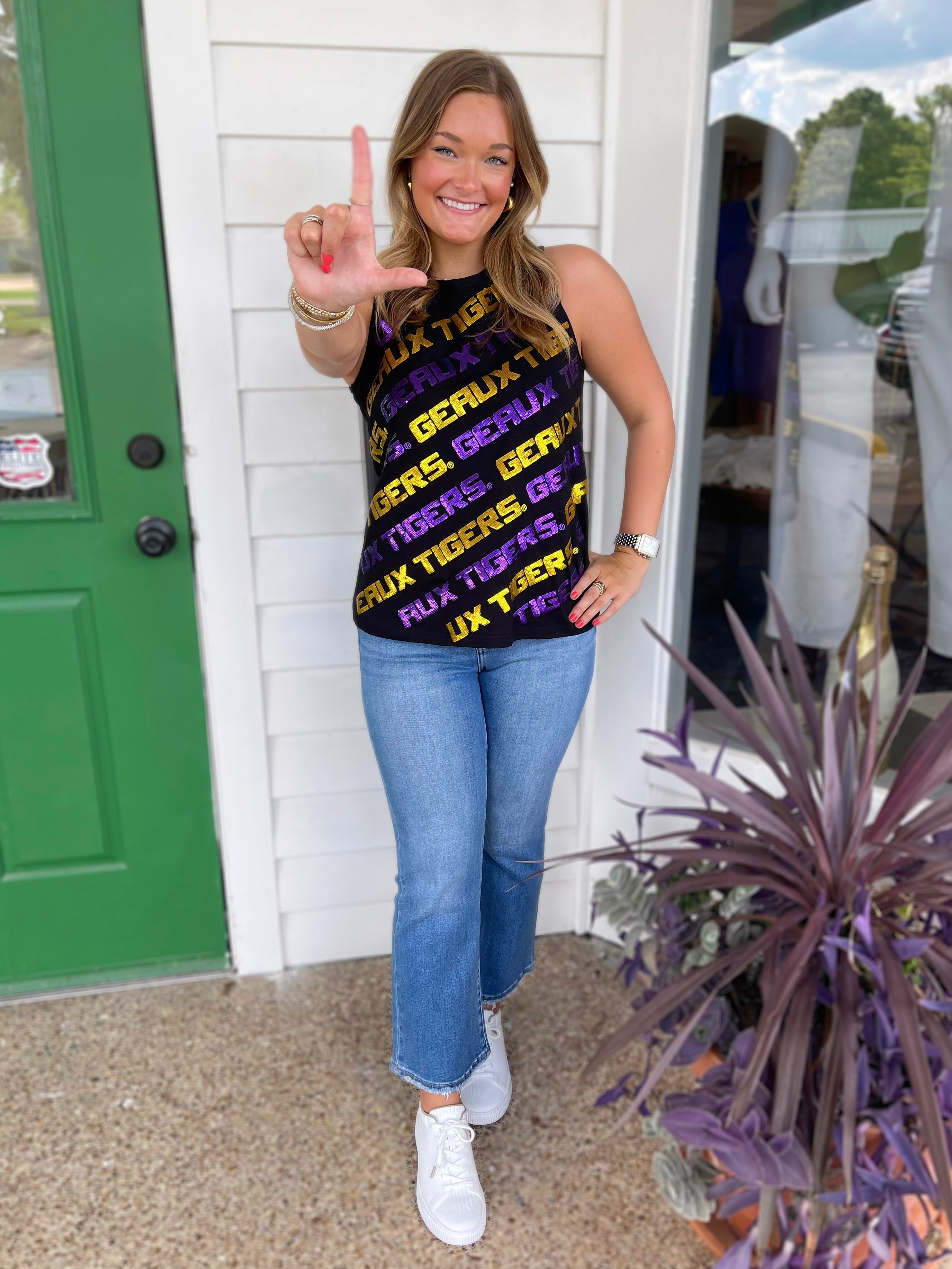 BLACK LSU &quot;GEAUX TIGERS&quot; VARSITY BLOCK LETTER SEQUIN TEE