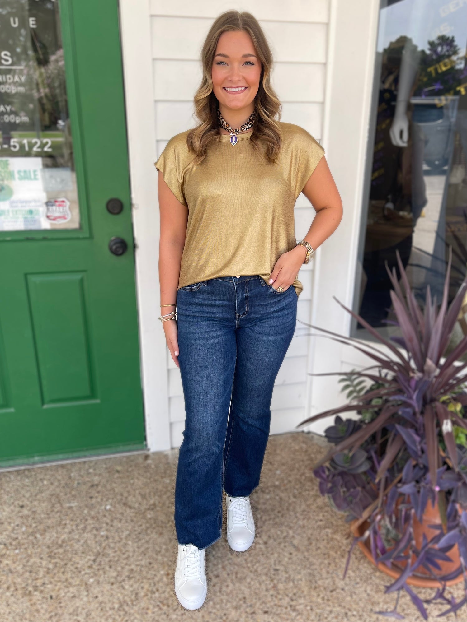 GOLD METALLIC KNIT SHORT DROP SHOULDER TOP