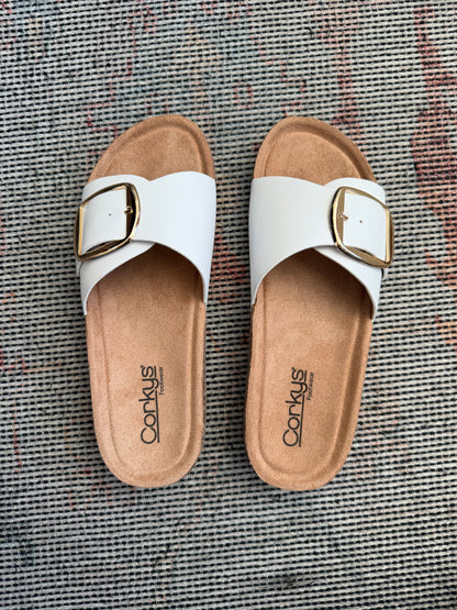 IVORY WIDE FAUX LEATHER GOLD BUCKLE STRAP SLIP ON SANDAL