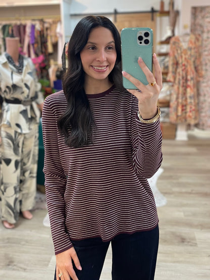 DARK PLUM PINSTRIPE LONG SLEEVE PULLOVER SWEATER