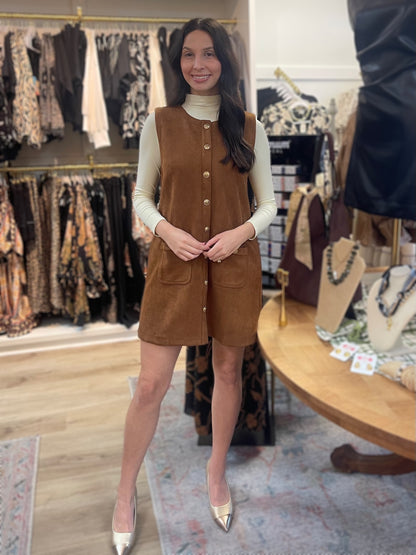 CAMEL SUEDE SLEEVELESS BUTTON UP SHIFT MINI DRESS