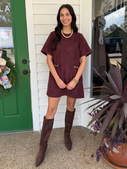 MERLOT SUEDE HORSE-BIT DETAIL PATCH POCKET SHORT SLEEVE MINI DRESS