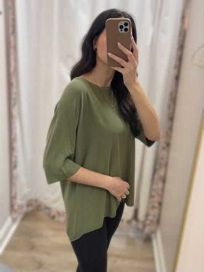 OLIVE GREEN HIGH LOW SHORT SLEEVE SWEATER