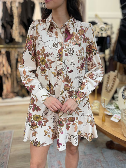 MAUVE MULTI FLORAL PRINT HALF BUTTON LONG SLEEVE FINE WALE CORDUROY MINI DRESS