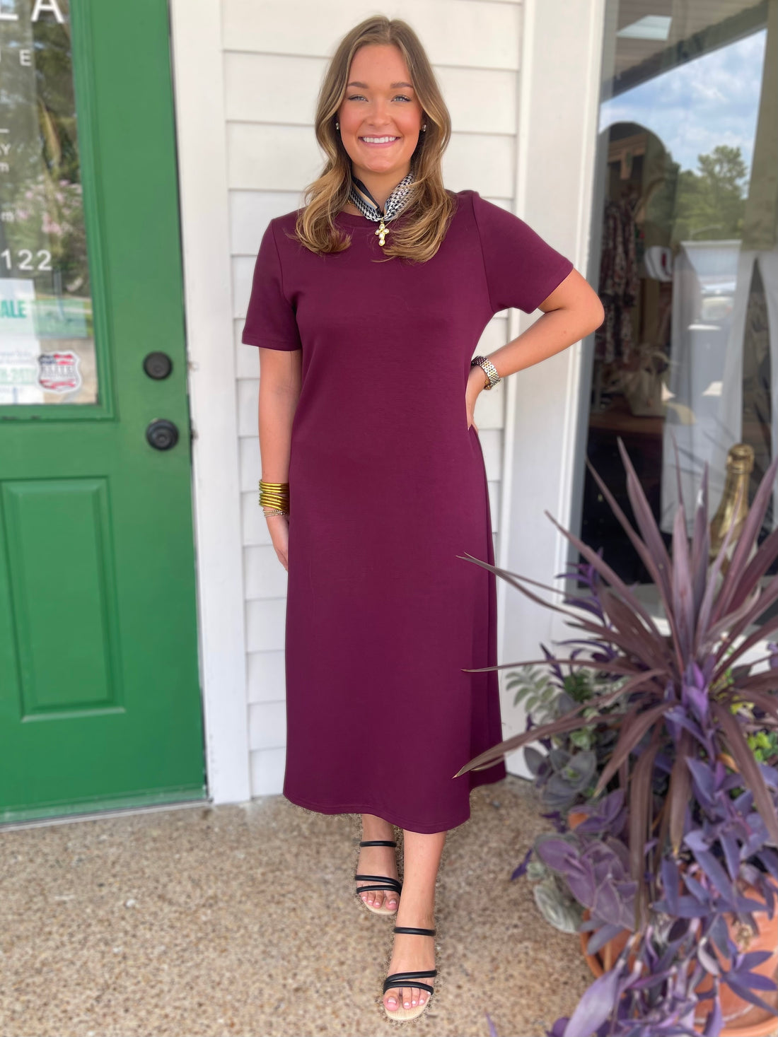 PORT WINE PCILL BUTTER MODAL SHORT SLEEVE CONTRAST RIB NECK MIDI DRESS