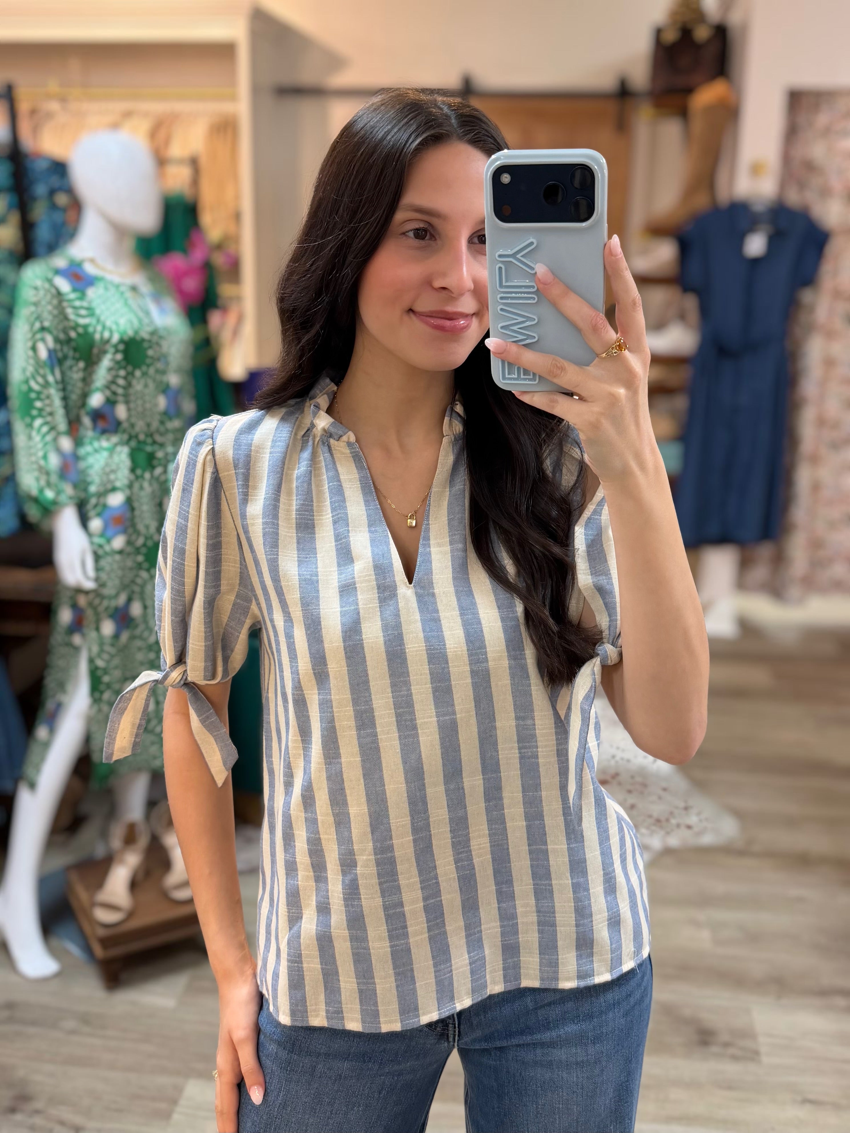 BLUE/CREAM STRIPED VNECK SHORT TIE SLEEVE TOP