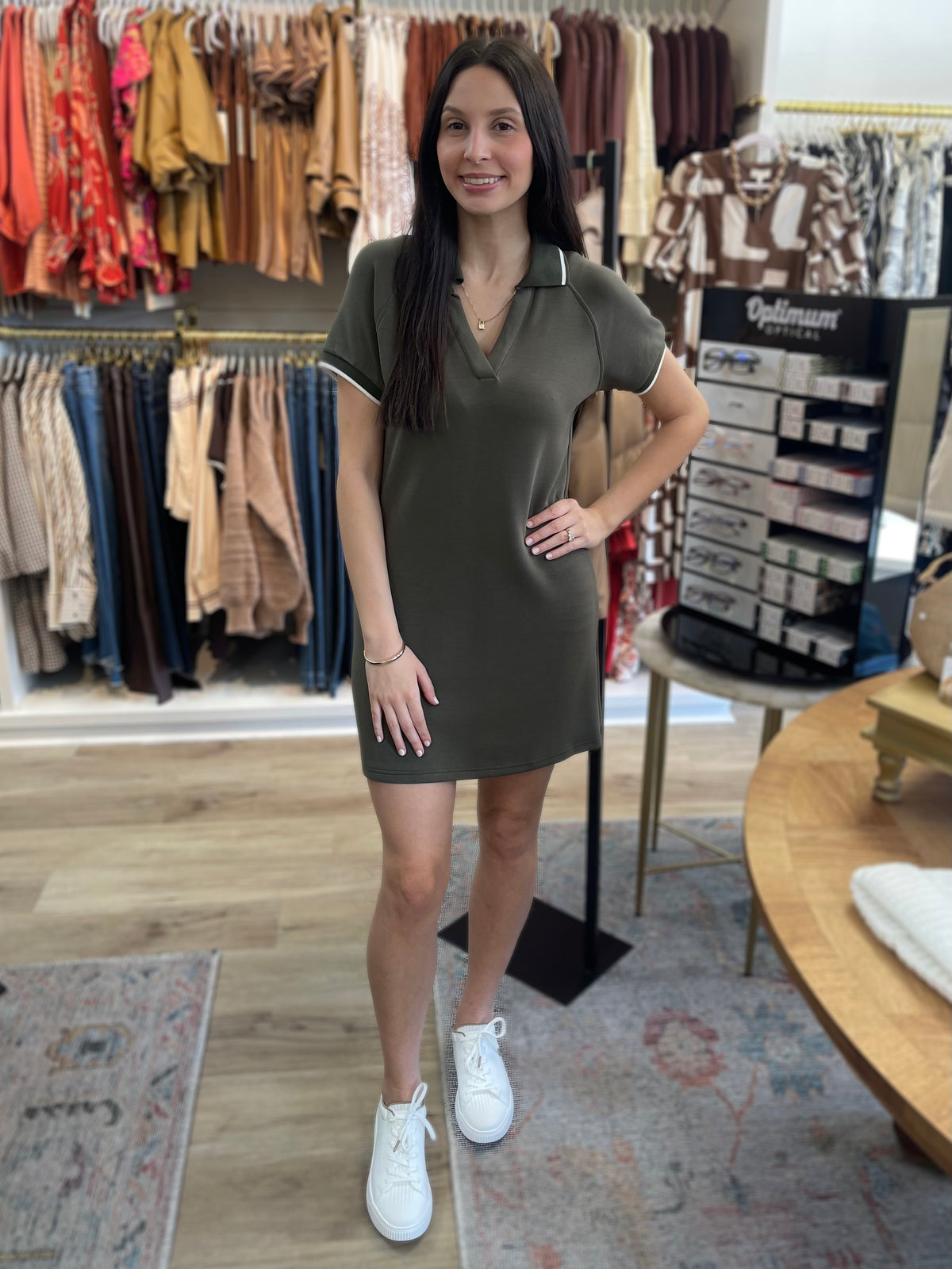 DARK OLIVE BRUSHED MODAL SPLIT NECK COLLARED MINI DRESS