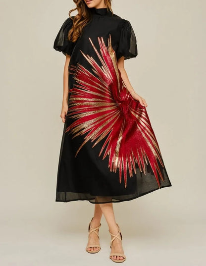 BLACK/RED &amp; GOLD METALLIC SUNBURST ORGANZA HIGH NECK SHORT PUFF SLEEVE MIDI DRESS