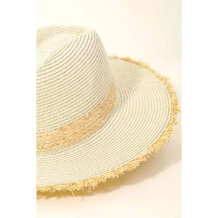 IVORY STRAW BRAIDED FRINGE FEDORA SUN HAT