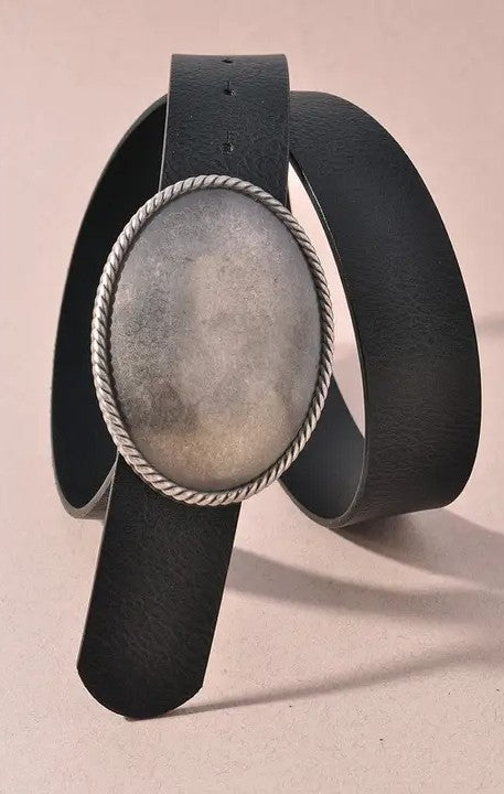BLACK WESTERN OVAL SILVER BUCKLE BELT