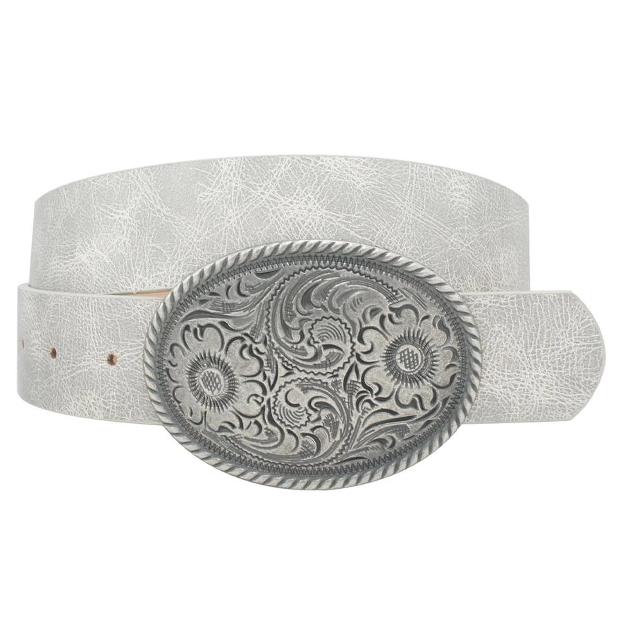 GRAY VINTAGE STRAP SILVER FLOWER EMBOSSED OVAL BUCKLE BELT