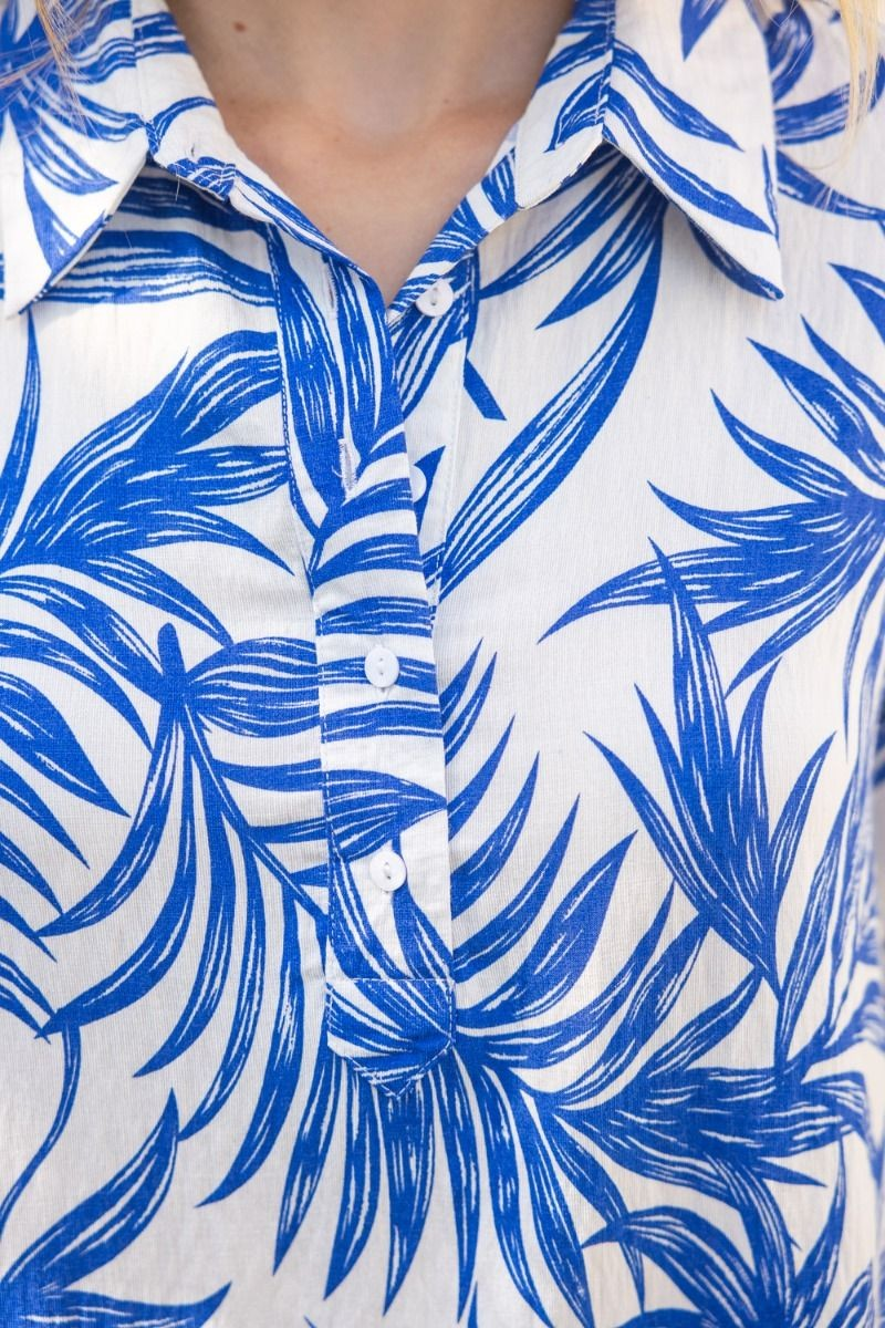 BLUE SUMMER LEAF PRINT COLLARED SHIFT DRESS