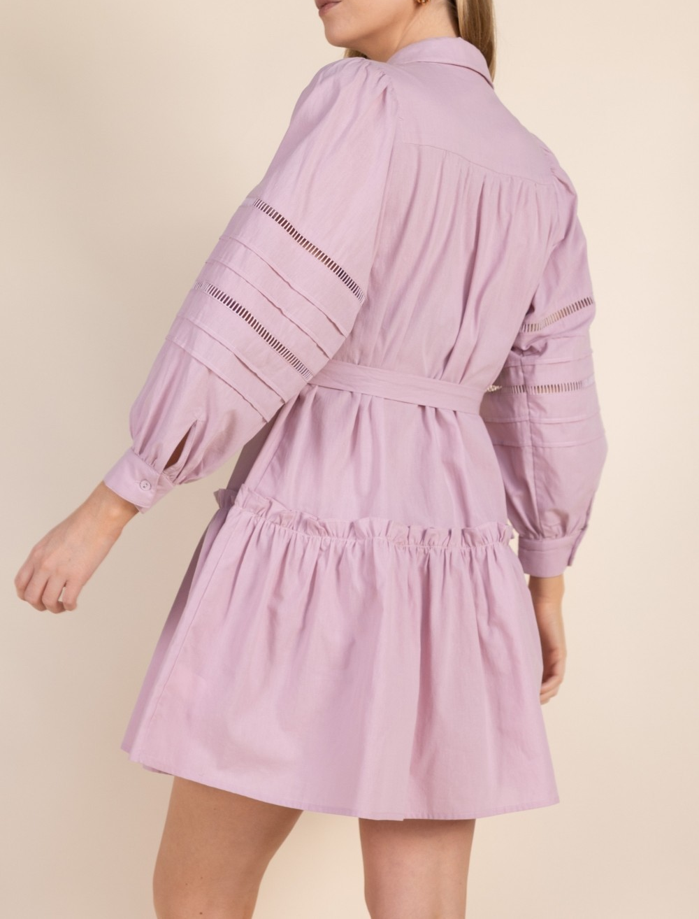 LAVENDER FOG POPLIN EYELET BUTTON UP BALLOON SLEEVE DRESS