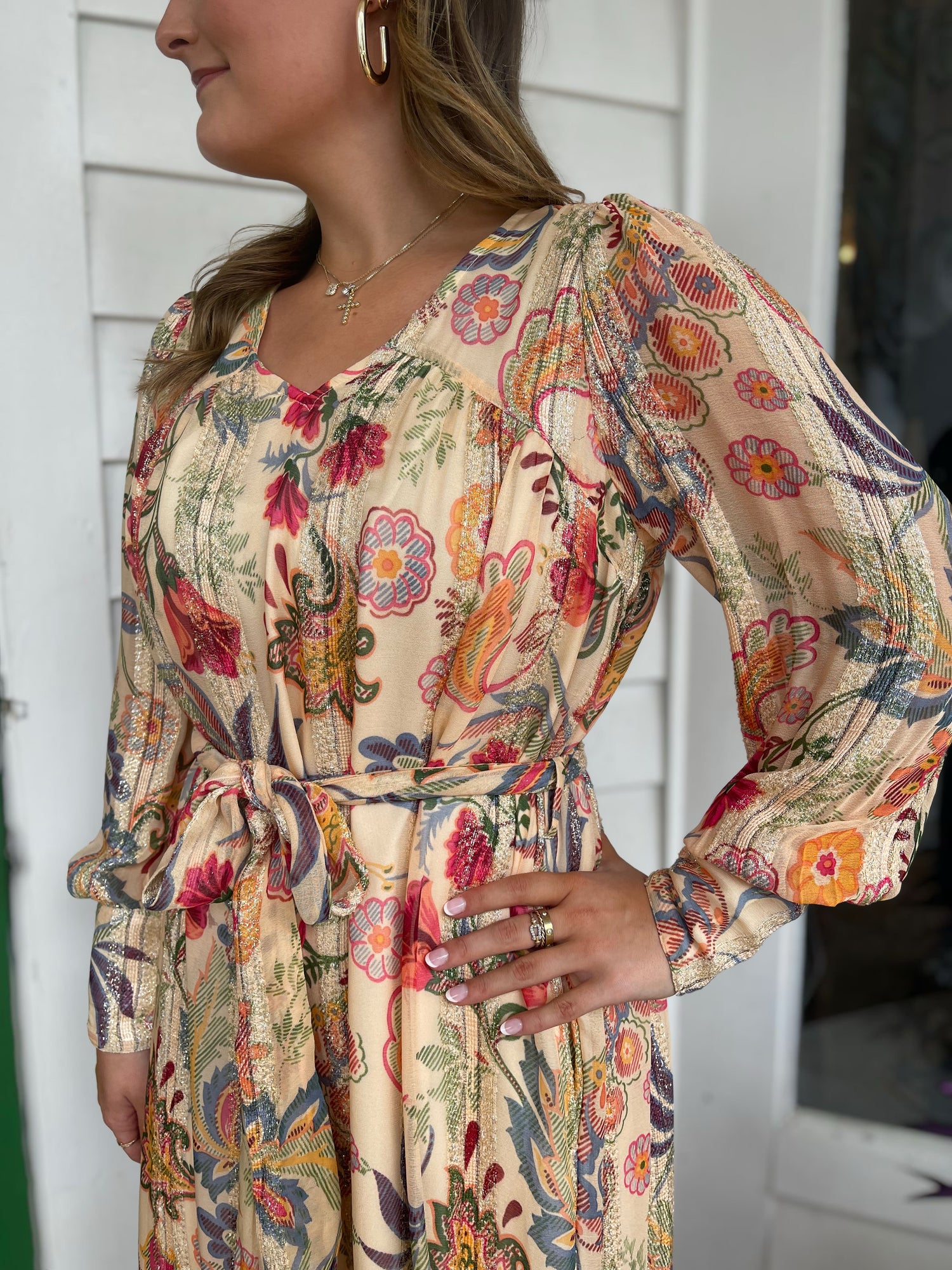 BUTTER MULTI FLORAL PRINT METALLIC STRIPE LEYN MAXI DRESS