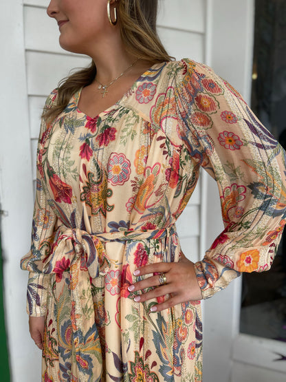 BUTTER MULTI FLORAL PRINT METALLIC STRIPE LEYN MAXI DRESS