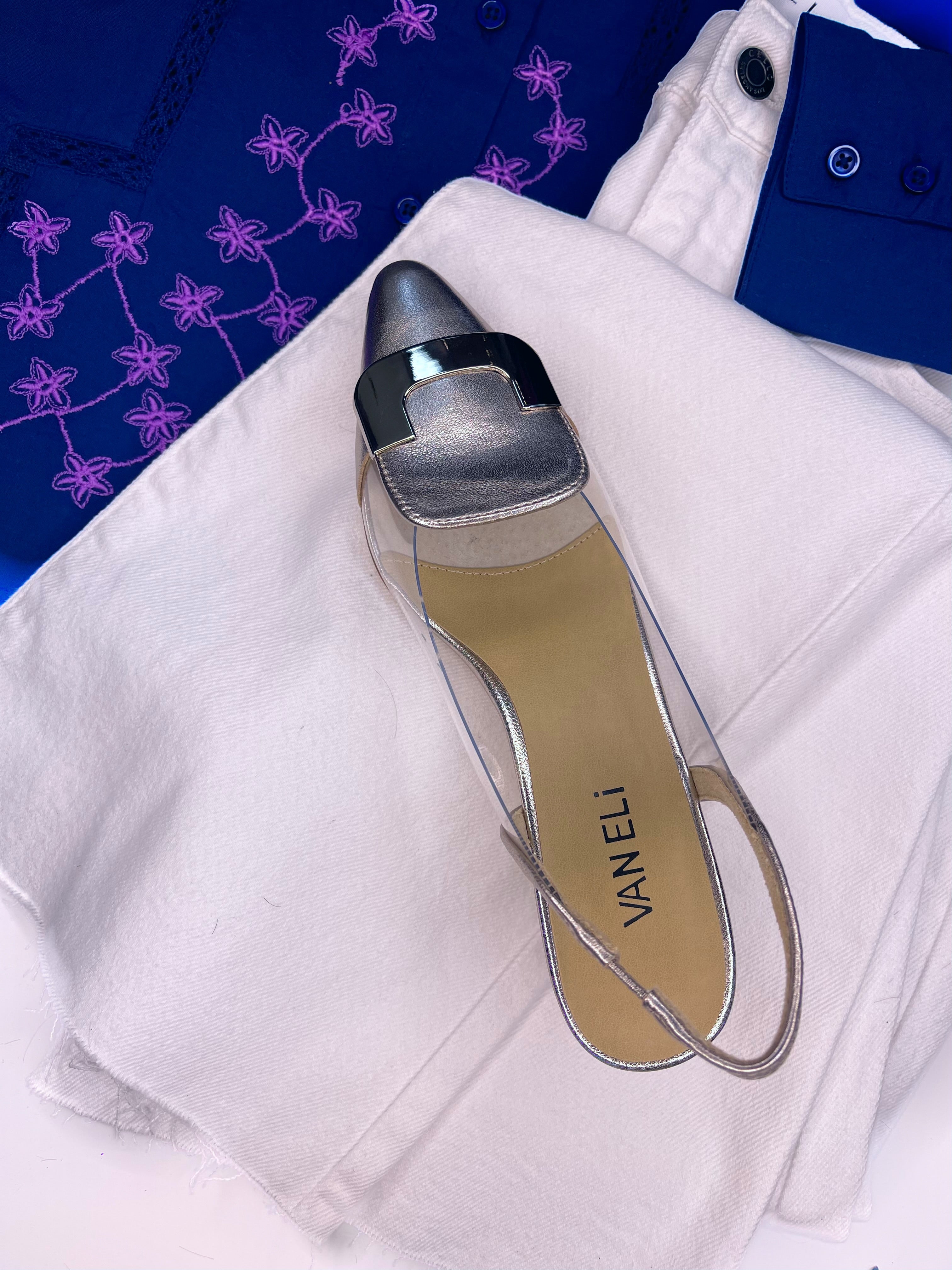SHELL MERCURY/CLEAR POINTED TOE SLINGBACK KITTEN HEEL