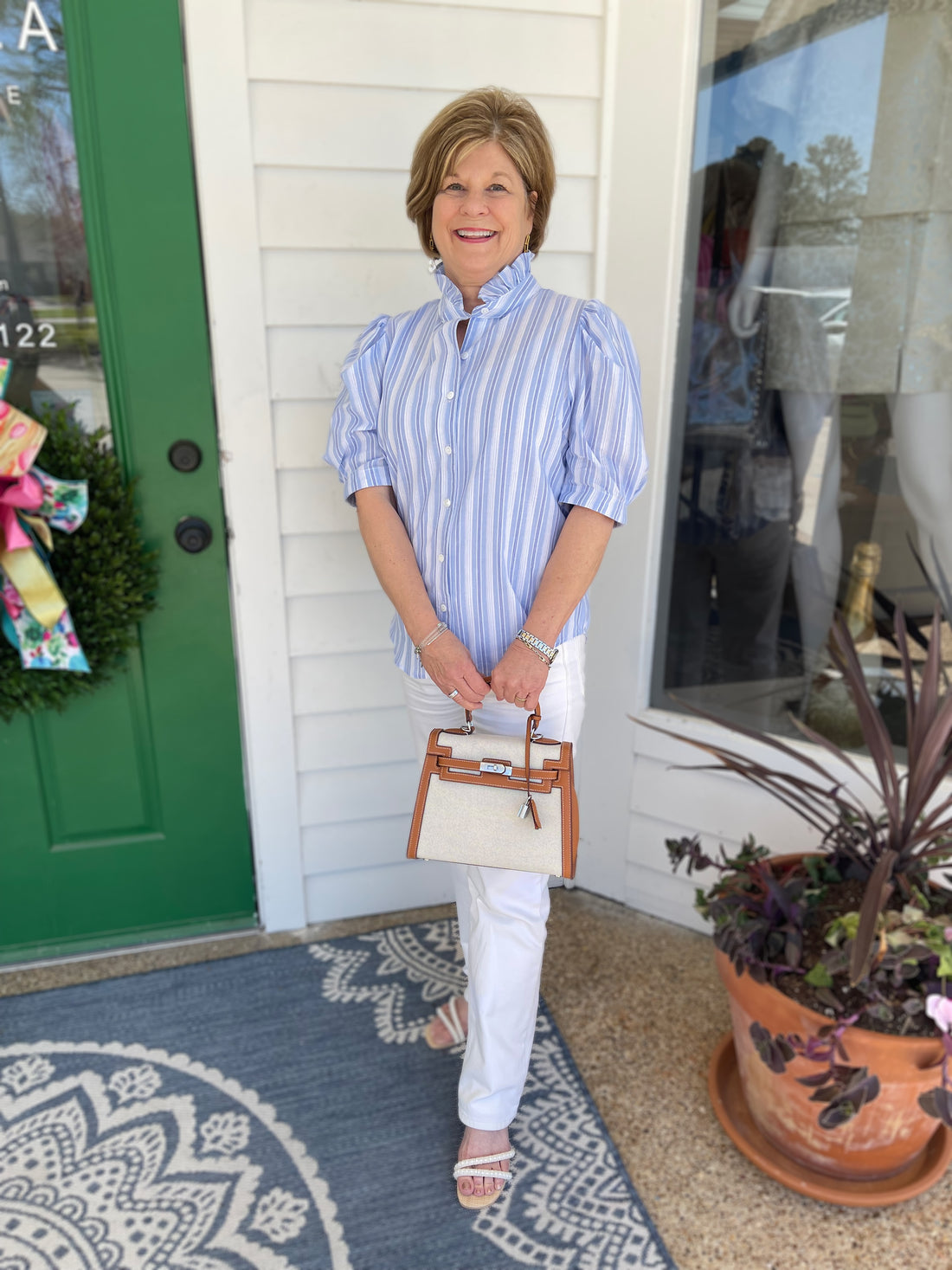 BLUE MULTI STRIPE RUFFLED NECK BUTTON UP TOP