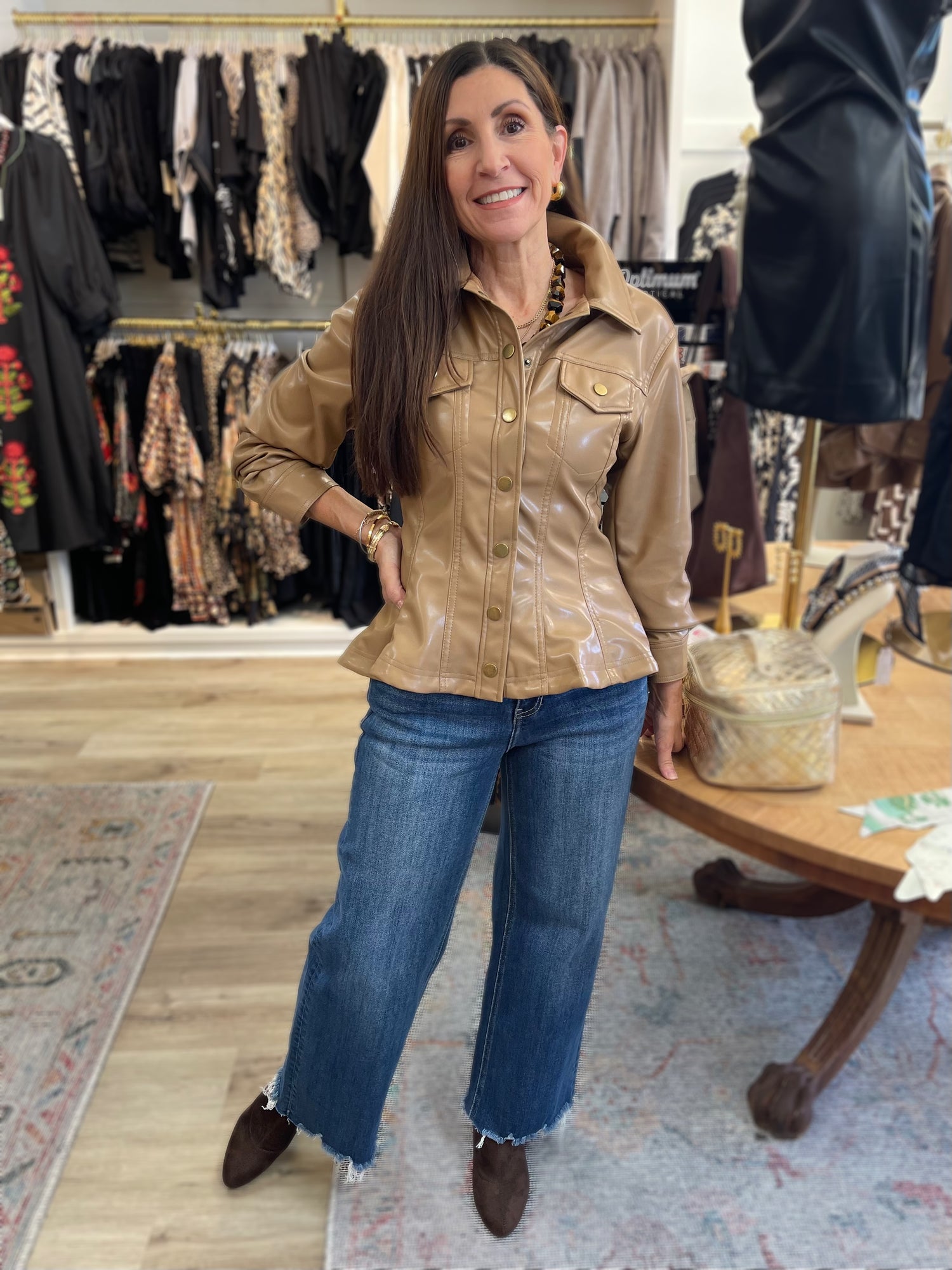 CAMEL CINCHED 3/4 SLEEVE PEPLUM FAUX LEATHER JACKET