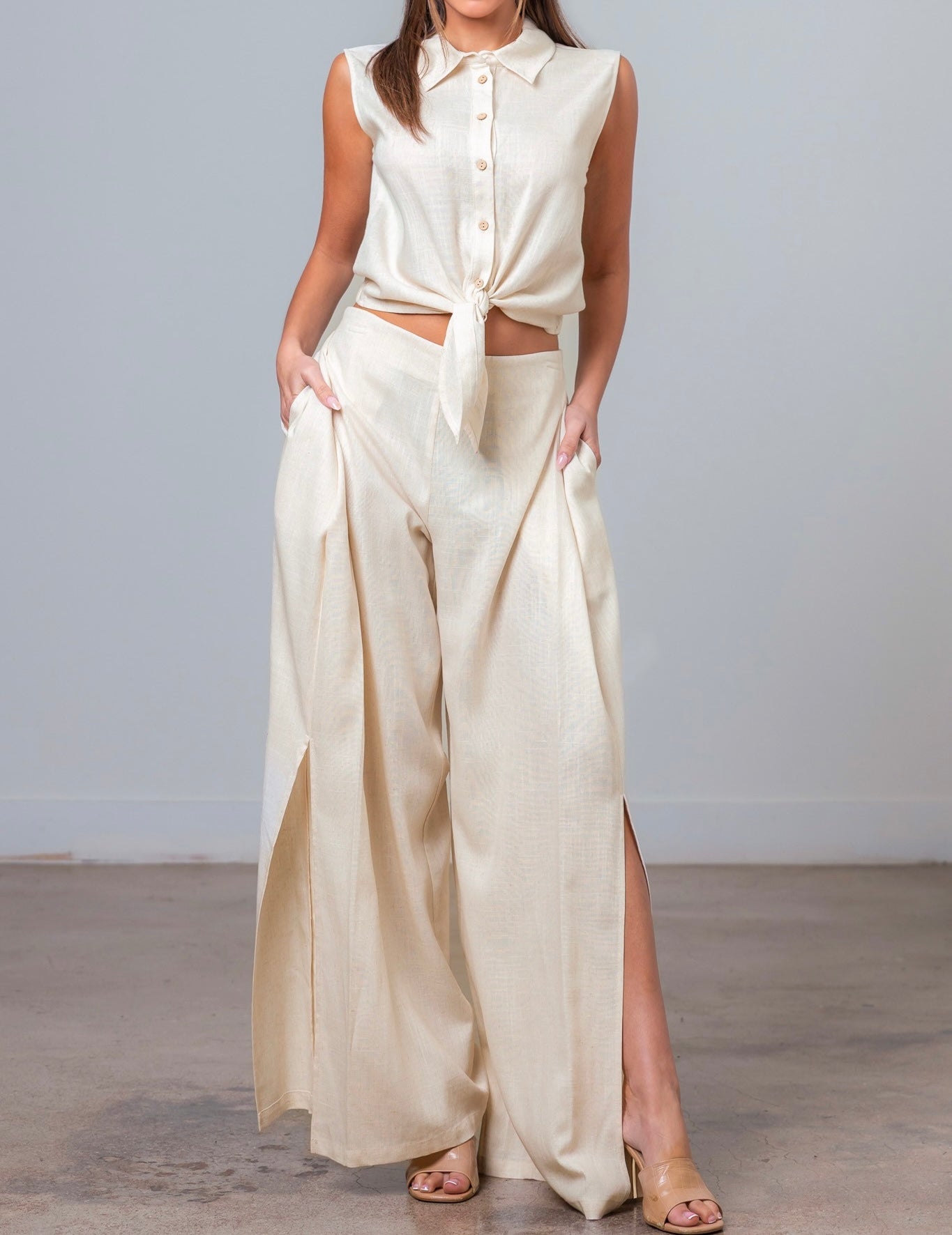OATMEAL LINEN SLEEVELESS BUTTON UP TOP &amp; PANT SET