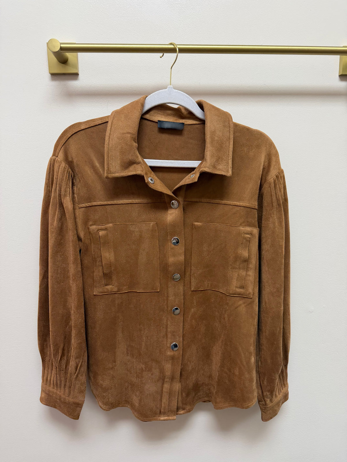 CARAMEL SUEDE LONG SLEEVE BUTTON UP SHIRT JACKET TOP