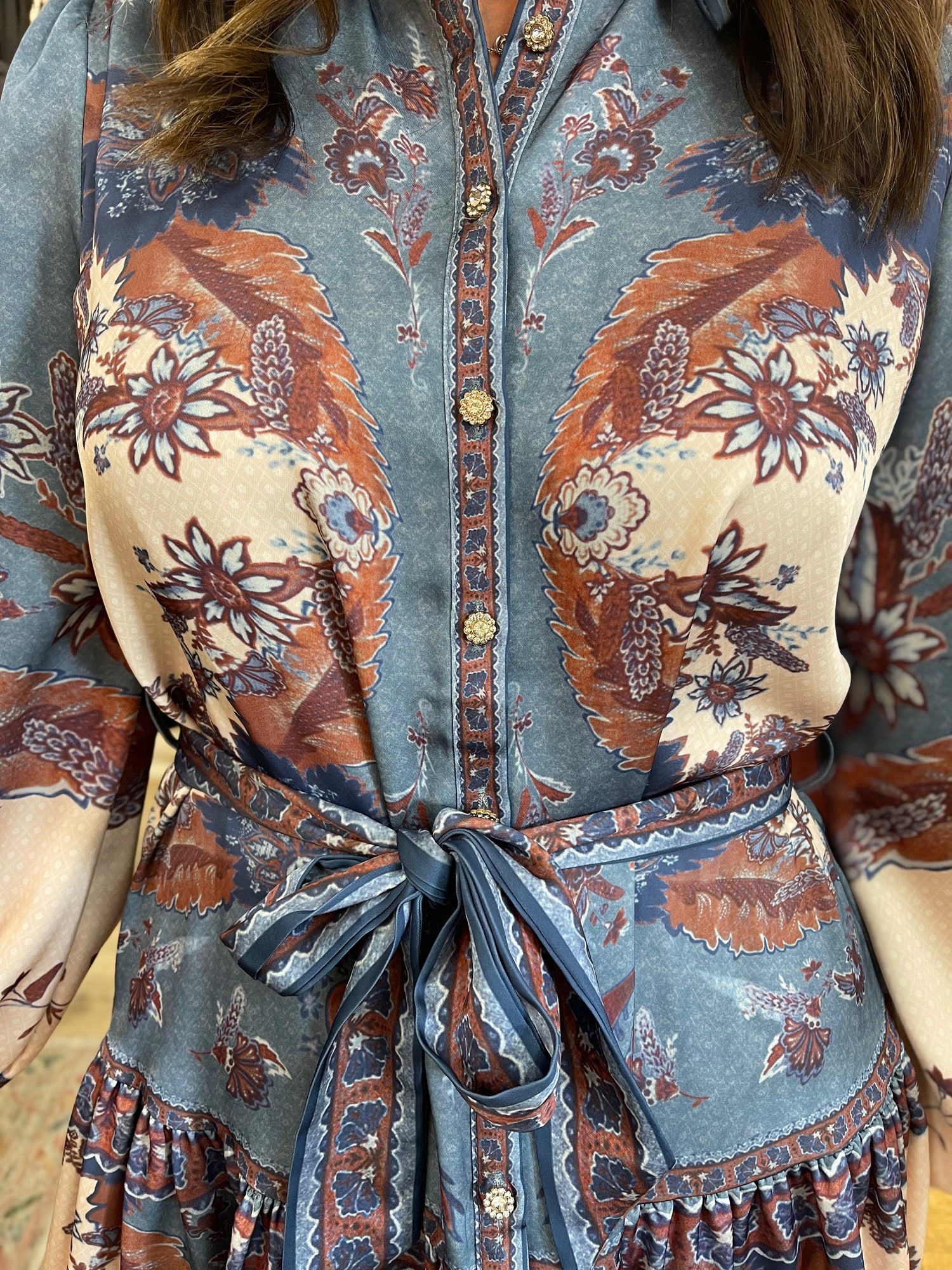 BLUE/CREAM MULTI FLORAL PLACEMENT PRINT BUTTON UP LONG SLEEVE SATIN MINI DRESS