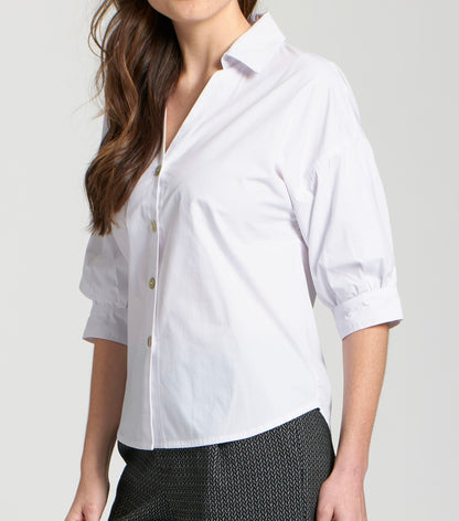 WHITE BUTTON UP BLOUSON SLEEVE TOP