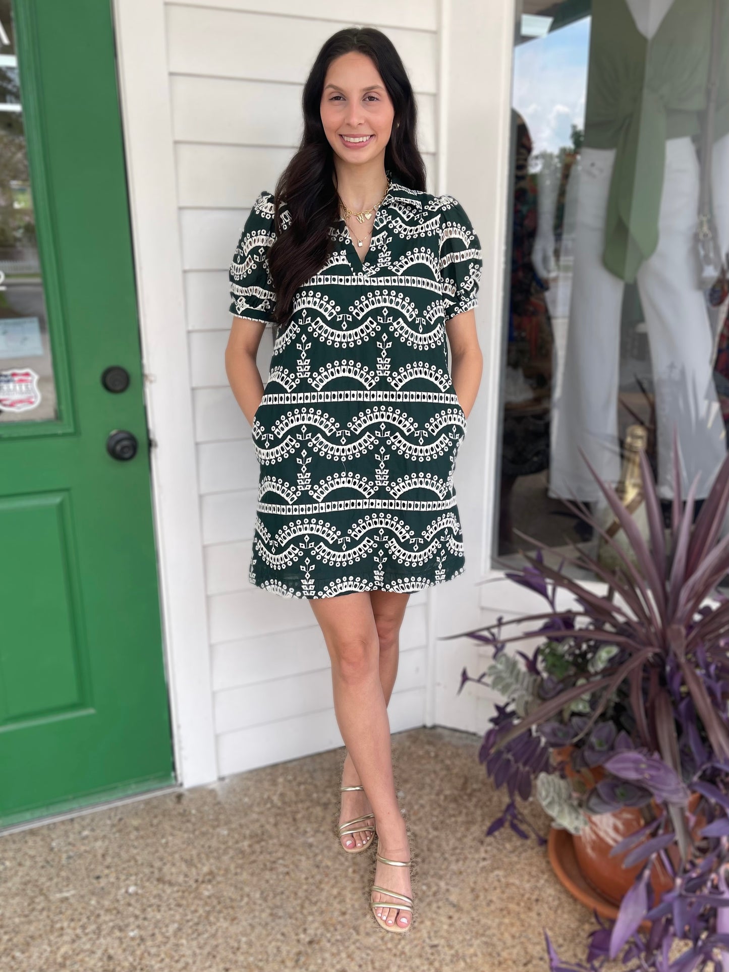 HUNTER GREEN EMBROIDERED GEOMETRIC PRINT PUFF SLEEVE MINI DRESS