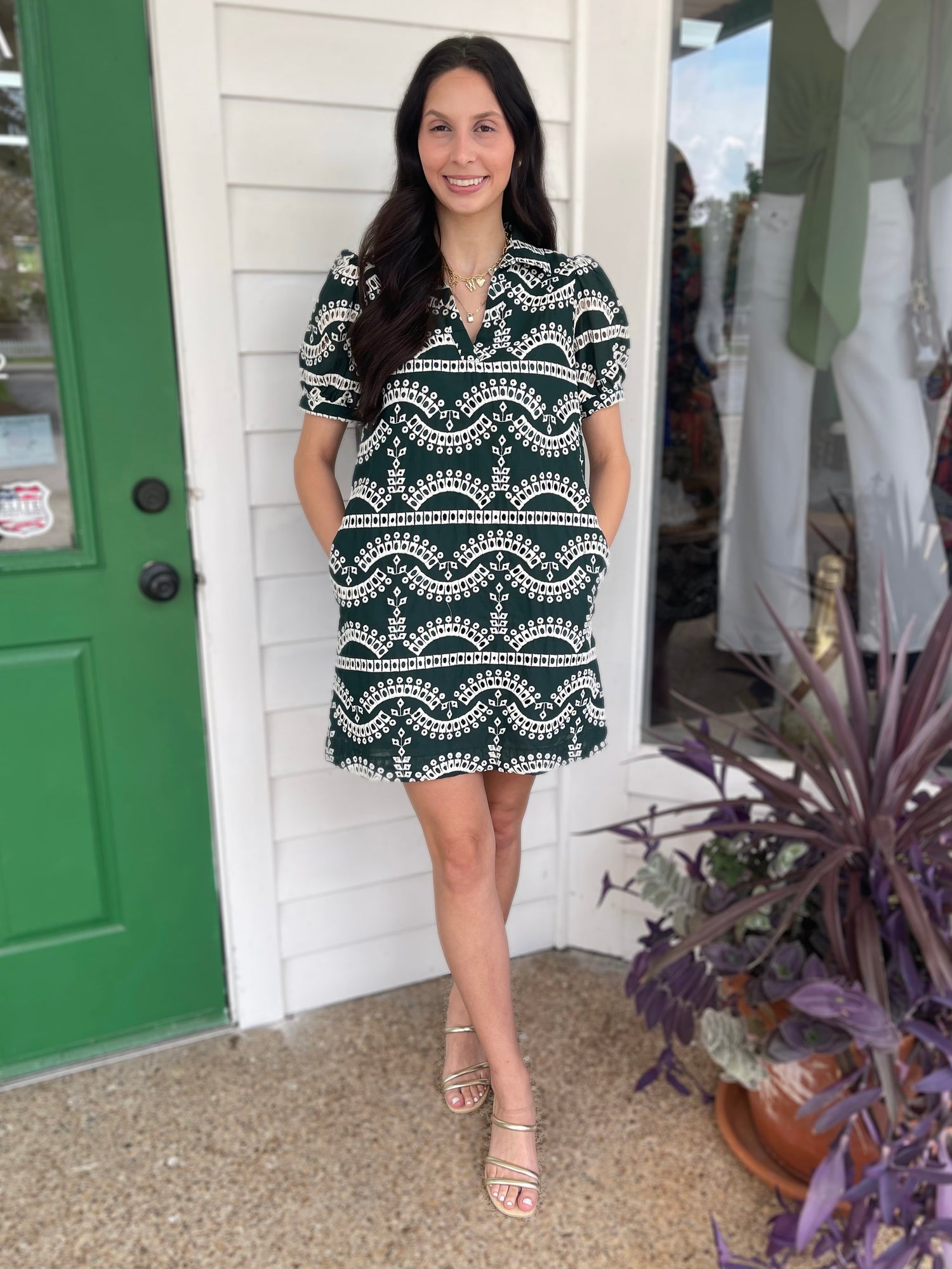 HUNTER GREEN EMBROIDERED GEOMETRIC PRINT PUFF SLEEVE MINI DRESS