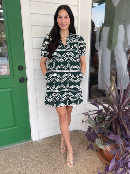 HUNTER GREEN EMBROIDERED GEOMETRIC PRINT PUFF SLEEVE MINI DRESS