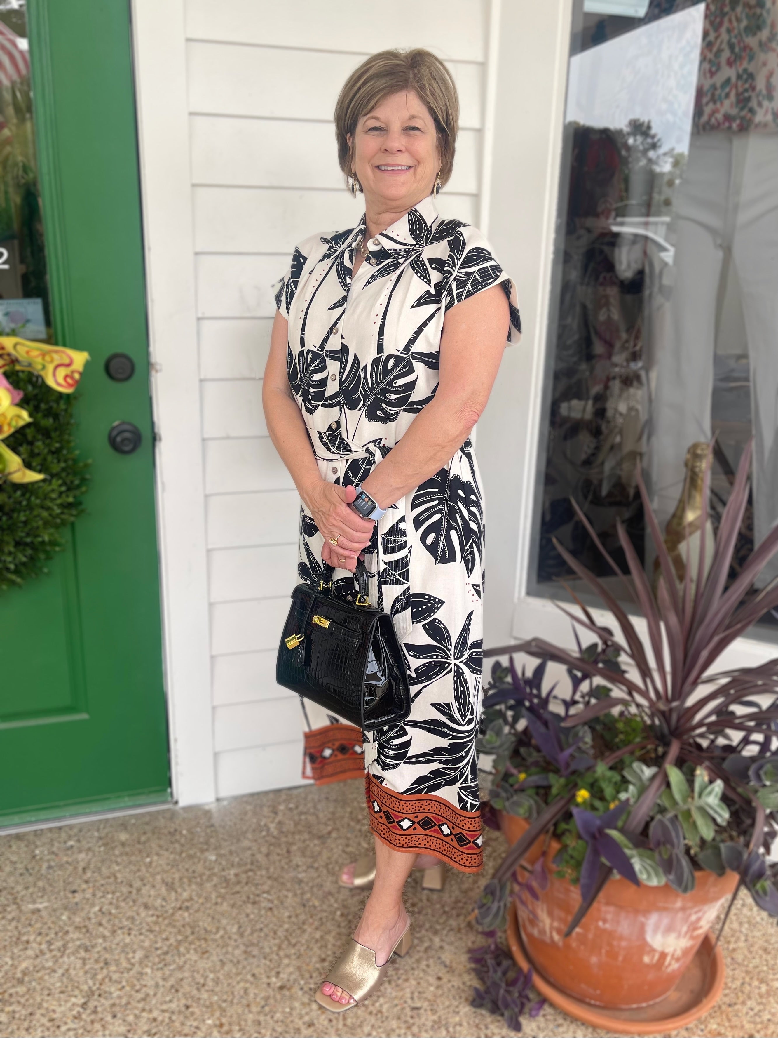 TAUPE MULTI TROPICAL PRINT COLLARED BUTTON UP MIDI DRESS