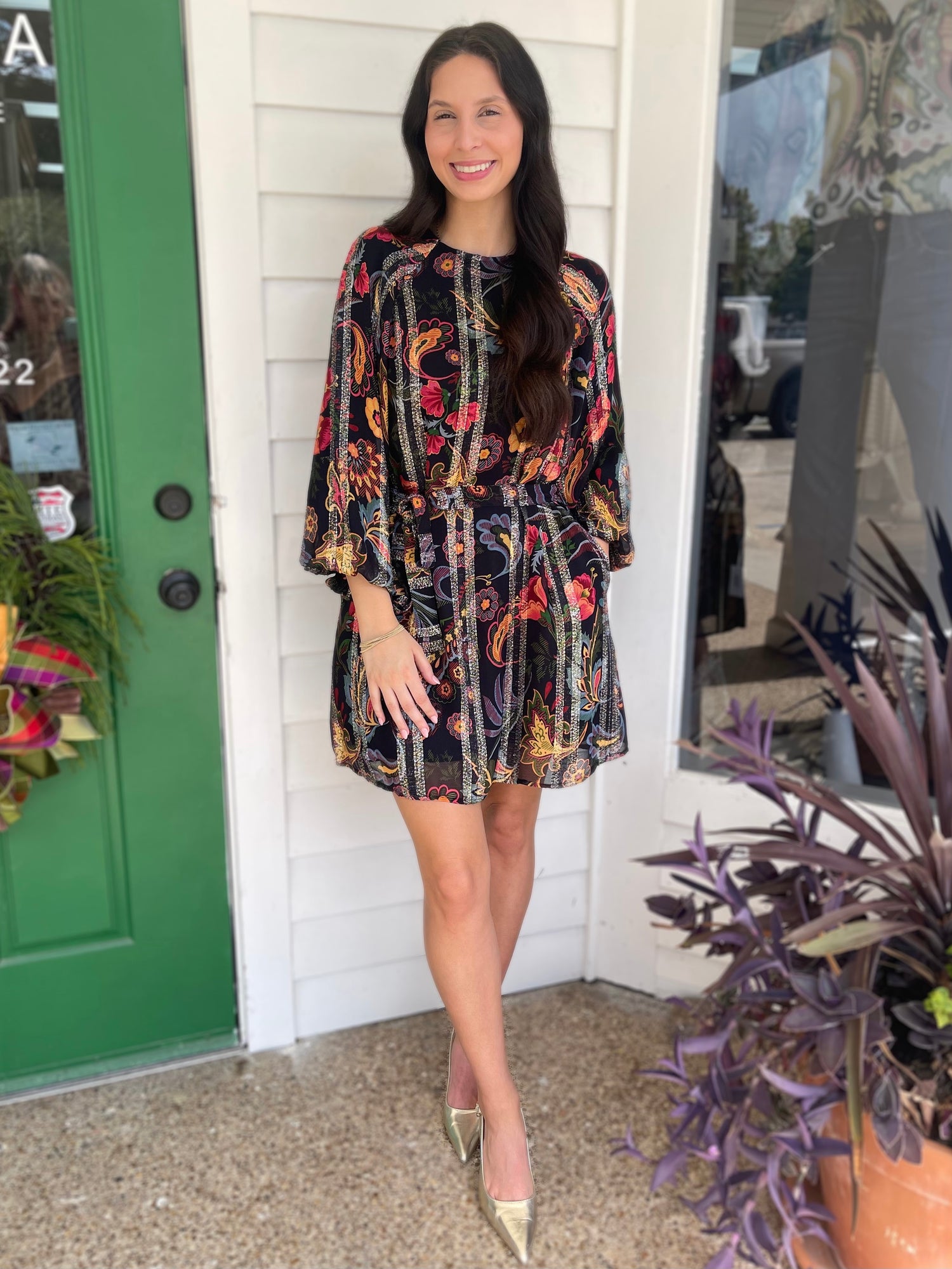 BLACK MULTI FLORAL PRINT METALLIC STRIPE LONG BUBBLE SLEEVE ODETTE MINI DRESS