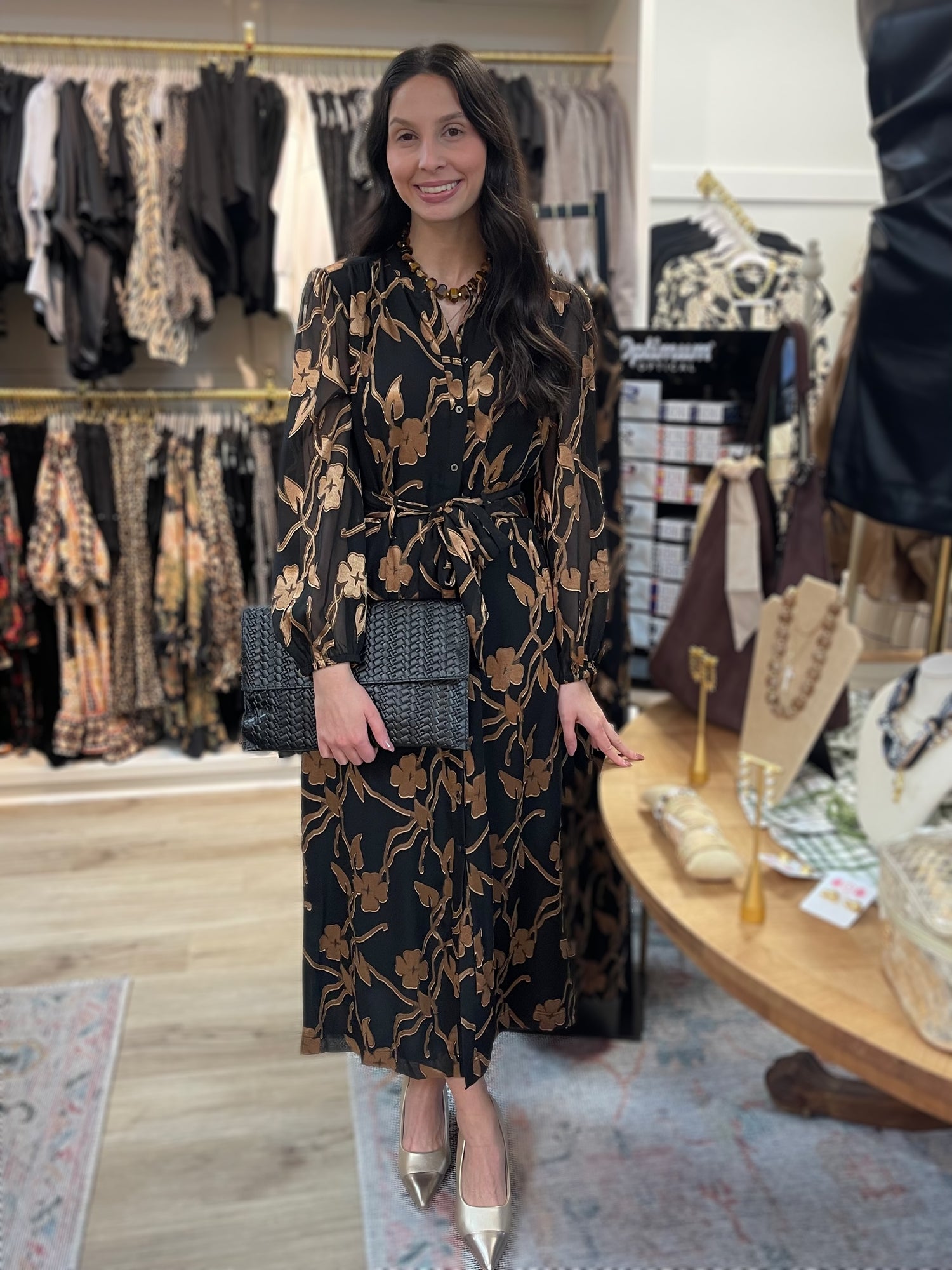 BLACK GOLD FLORAL JACQUARD SHEER LONG SLEEVE TIE WAIST BUTTON UP MIDI DRESS