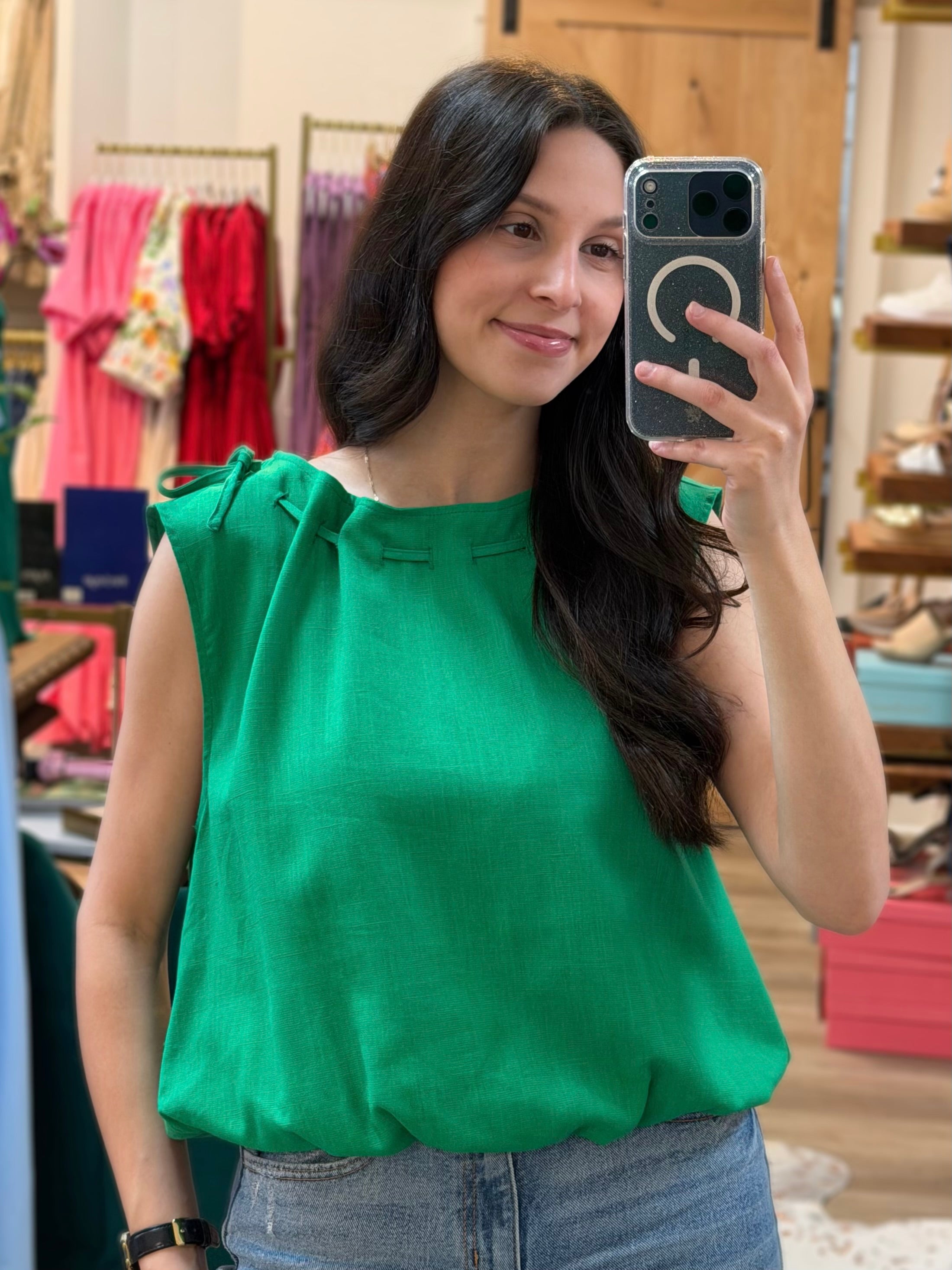 GREEN NECK LOOP DETAIL SLEEVELESS BUBBLE HEM TOP