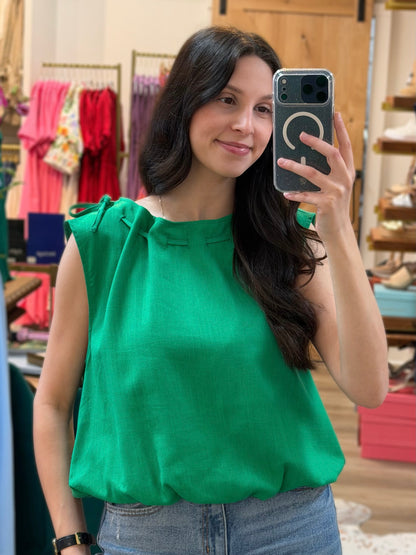 GREEN NECK LOOP DETAIL SLEEVELESS BUBBLE HEM TOP