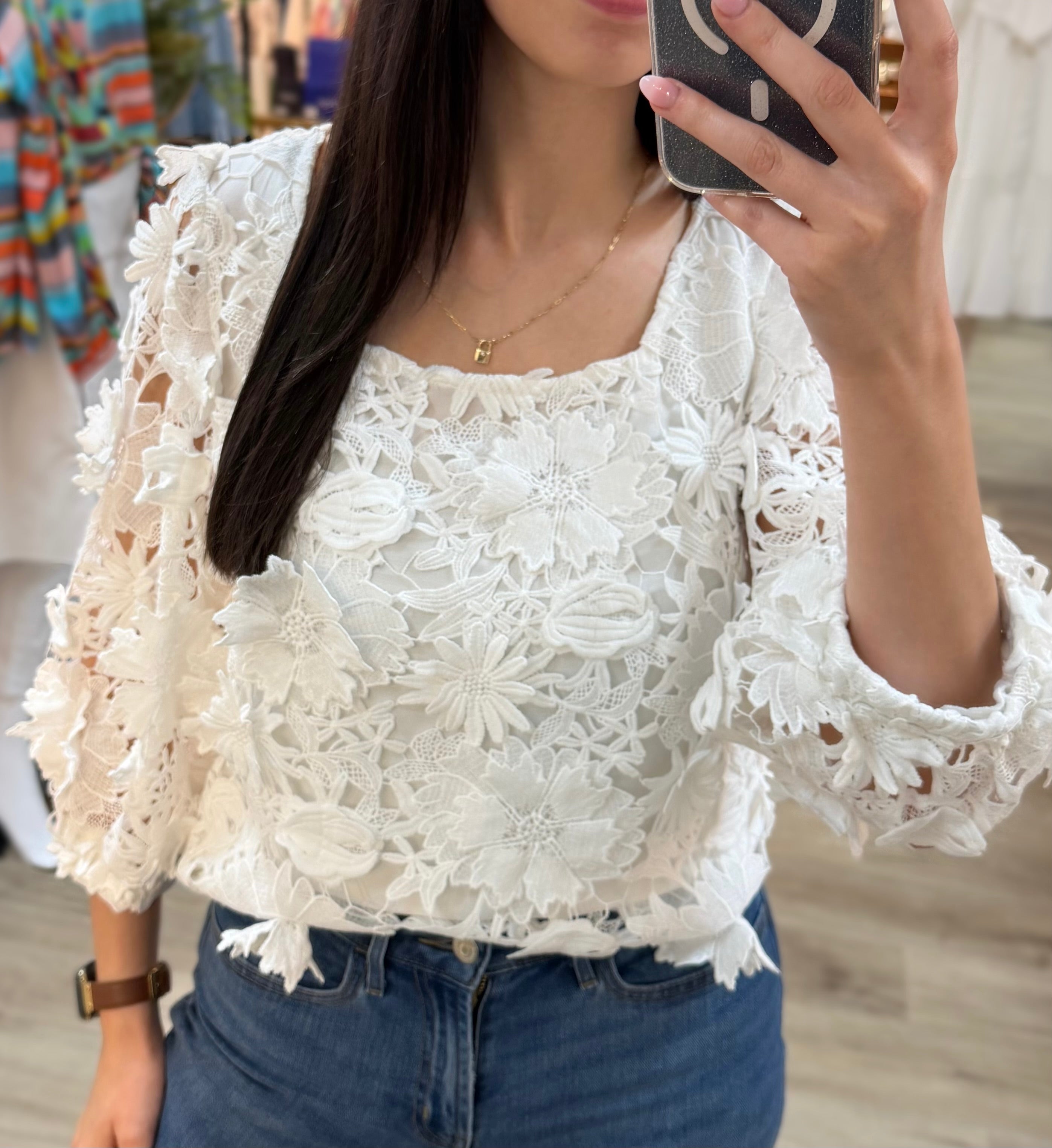 OFF WHITE LACE BILLOWY SLEEVE SQUARE NECK TOP